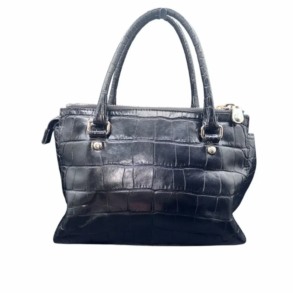 Karen Millen Black Croc Embossed Leather Satchel Top Handle Bag